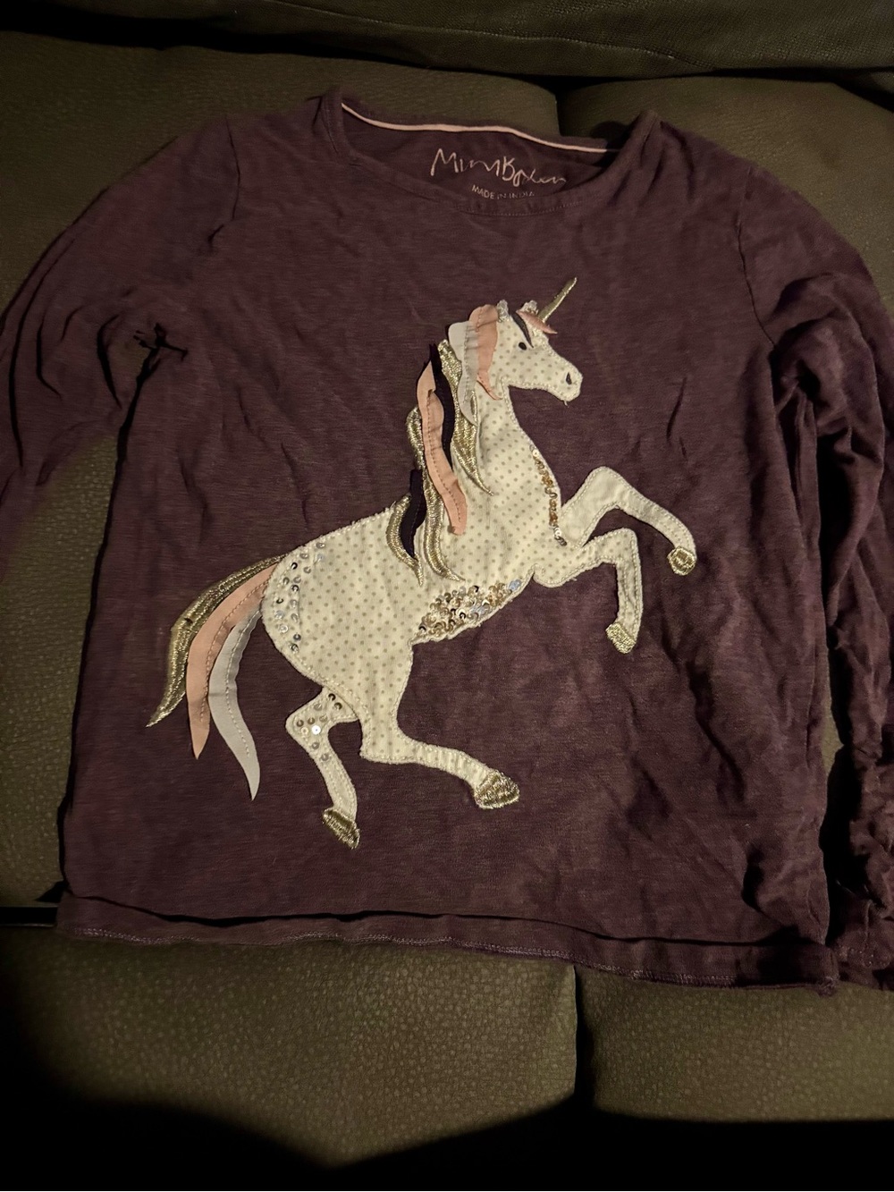 Mini Boden Purple Girls' Unicorn Appliqué Long-Sleeve Top 7/8